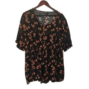 Emery Rose Womens Floral Babydoll Tunic Top 4XL‎ Black Boho Cottagecore Romantic